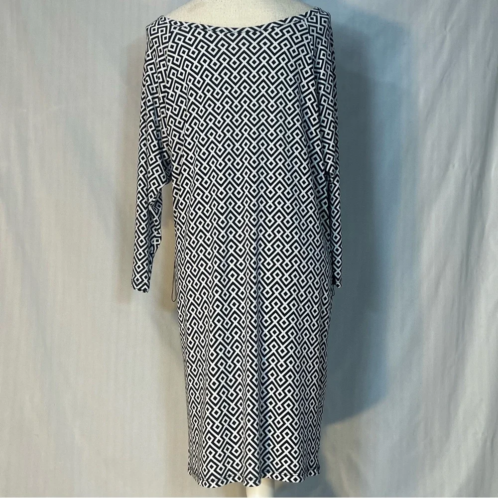 Michael Kors Dress Black & White Sheath Geometric Print  Dolman 3/4 Sleeves S
